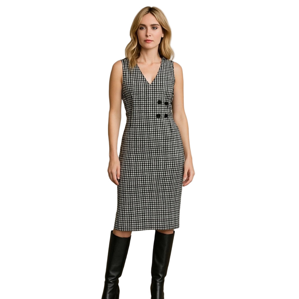 Vintage 80’s Plaid Sleeveless Pencil Dress Black White Checked Belt Detail